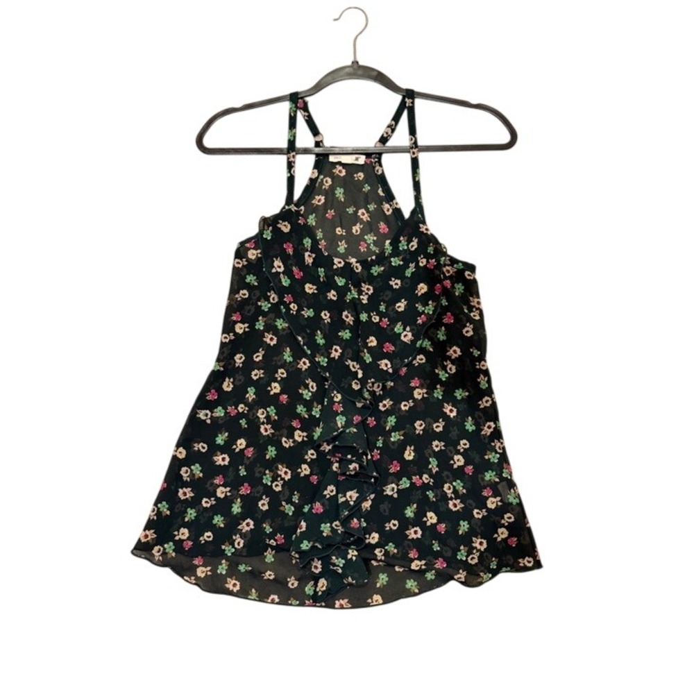 Floral Ruffle Halter Tank Top - dark green